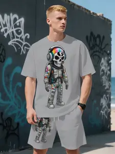 Men's Skull Pattern 3D Print Short Sleeve T-Shirt + Shorts Set, Casual Sporty Style, Breathable Outdoor Wear, Summer Gift