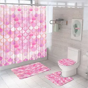 Mermaid Scales Pattern Bathroom Decorations, 4 Counts/set Including Shower Curtain & Toilet Lid Cover & Rectangular Mat & U-shaped Mat, Bathroom Accessories