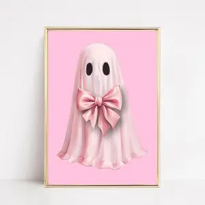 Pink Ghost Wall Art Print Pink Bow Ghost Printable Cute Ghost Painting Coquette Aesthetic Halloween Decor Preppy Trendy