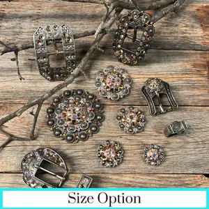 Antique Silver Champagne, AB Crystal Conchos - Sizes from 1"- 3" and Buckles