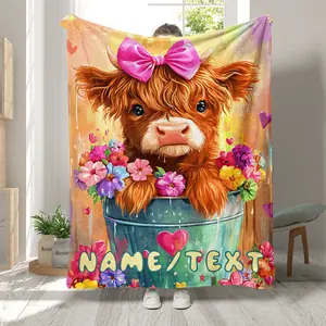 Personalized Cute Highland Cow in Bucket Blanket – Soft Flannel Throw with Hearts & Flowers – Lightweight, Warm Fleece for Sofa, Travel, Camping, Bed – Custom Name Option