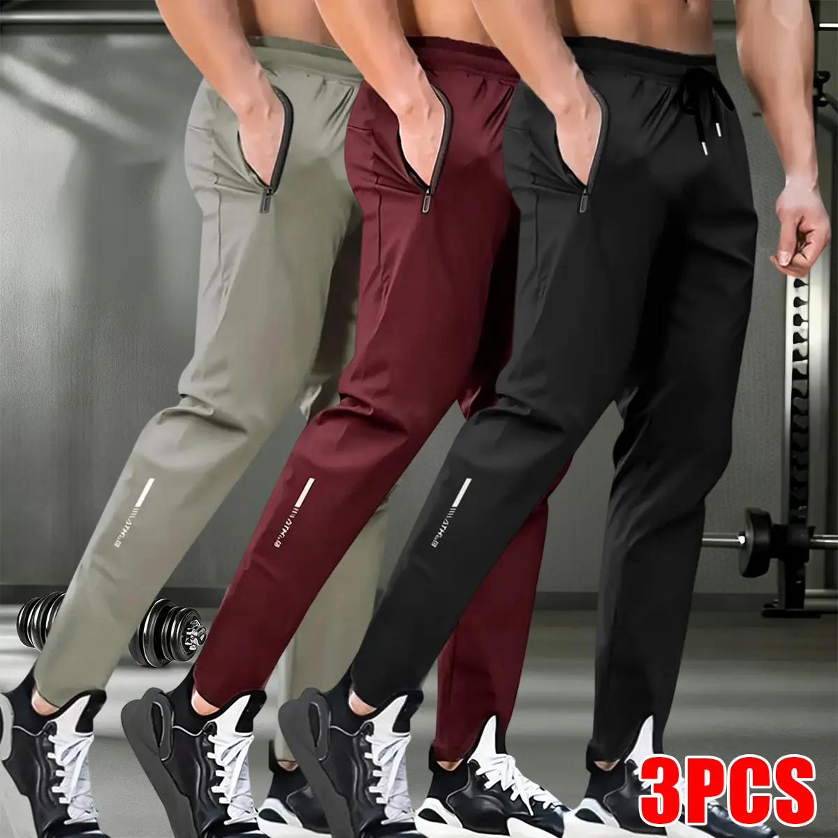 Set of 3 men’s casual athletic pants featuring a drawstring waist—an essential piece for vacation leisure and beach outfits. Comfortable, suitable for running, fitness, outdoor gatherings, hiking, and walking. summervibes