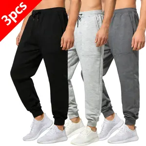 3Pcs Men's solid color fashion sports pants, versatile drawstring waist casual pants, comfortable knitted fitness jogging pants, with patch pocket design - ankle-tightening style, suitable for gym, running, sports and daily wear, suitable for all seasons