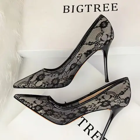Women's Mesh Hollow Contrast Lace Pointed Toe Stiletto Heels, Fashion Elegant Dress Formal Shoes, High Heel Pumps, Classy Stiletto, Fashionable Party Shoes, Stylish Evening Footwear