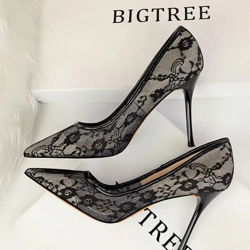 Women's Mesh Hollow Contrast Lace Pointed Toe Stiletto Heels, Fashion Elegant Dress Formal Shoes, High Heel Pumps, Classy Stiletto, Fashionable Party Shoes, Stylish Evening Footwear