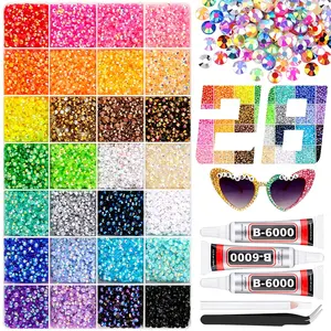 Bulk Round Flatback Rhinestones Kit Including B‑6000 Adhesive Glue, Tweezers and Magnetic Pickup Pen, Multi‑Color Bling Stones for DIY Craft Jewelry Making
