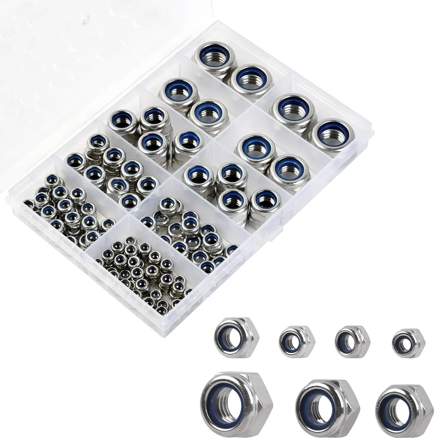 304 Stainless Steel Metric Nylon Insert Locknuts Assortment Kit - 140PCS, 7 Sizes (M3,M4,M5,M6,M8,M10,M12) Corrosion-Resistant Fasteners for Small Repairs, Automotive Repair, Door Handles