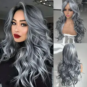 Women Long Layered Ombre Gray Highlight Wig Synthetic Light Gray with Curtain Bangs for Black White Women Long Ombre Gray Natural Body