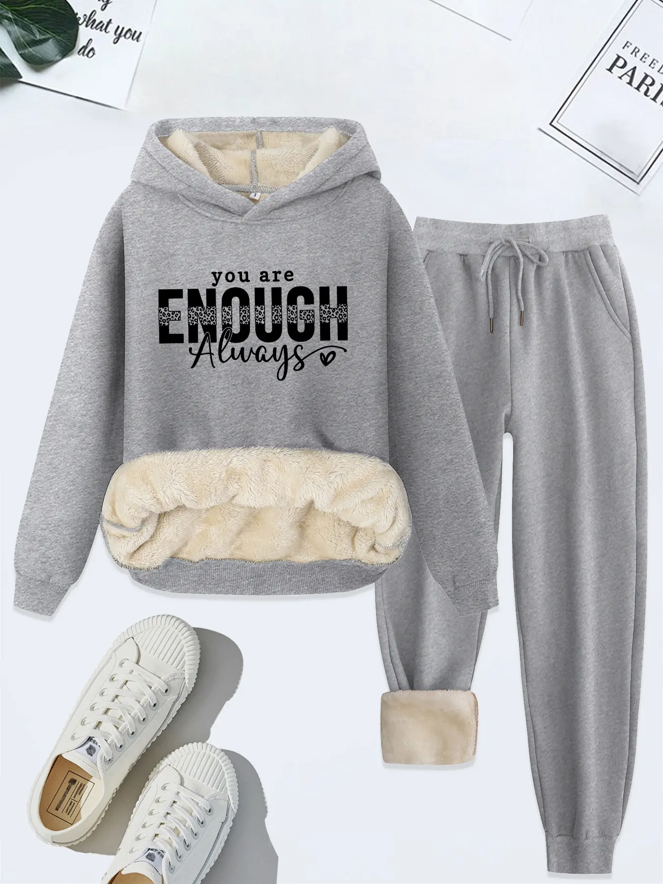 Women's Hooded Sweatshirt Set, Leopard Print Heart Pattern, Casual Fashion, Thick Fleece Lined, Fall & Winter Wear