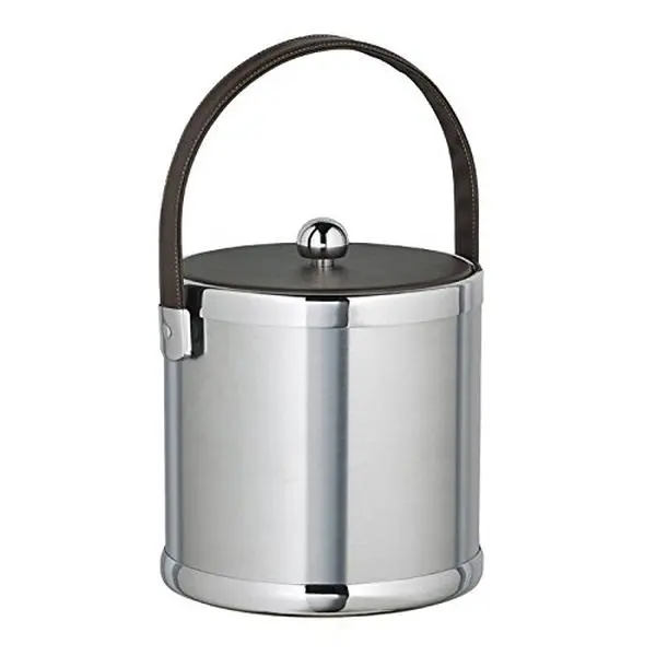 Kraftware Corp 70475 Brushed Chrome 3 qt. Ice Bucket With Brown Stitched Handle And Fabric Lid
