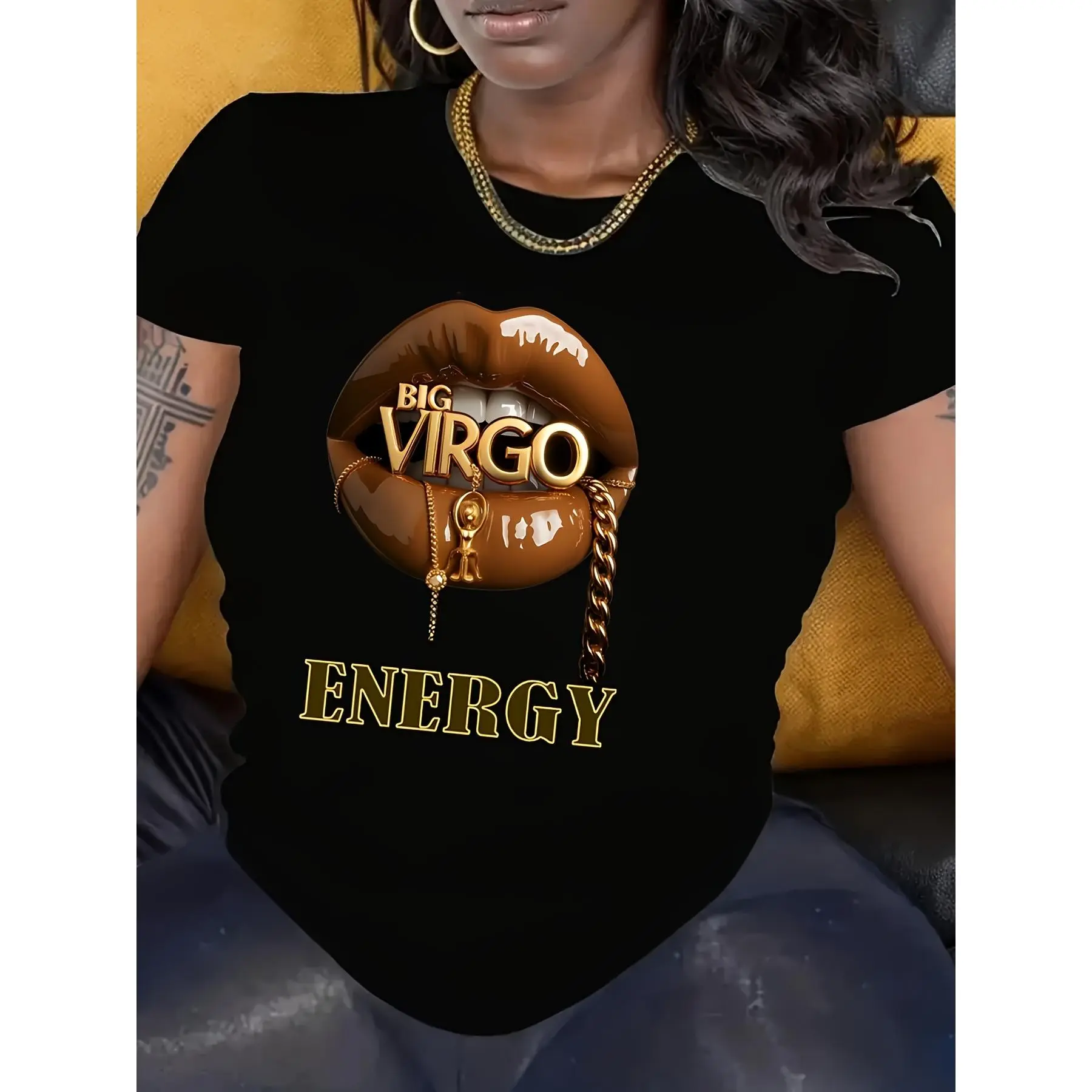 [100% Cotton Casual Crew Tee] Big Virgo Energy Zodiac Themed T-Shirt - 100% Cotton, Geometric Pattern, Casual Crew Neck, Short Sleeve, Knit Fabric, Regular Length - All Seasons Tee