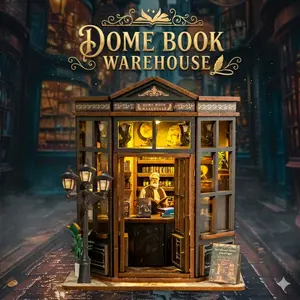DIY Book Nook Kit, Dome Book Warehouse Miniature Dollhouse Bookstand with LED Light, 3D Wooden Puzzle Bookshelf Insert, Vintage Home Decor, Ideal Creative Gift for Adults & Teens