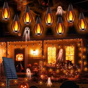 Halloween Decorations Lights, Solar String Lights for Outside, 33Ft Solar Patio Light with 15 Flickering Flame Light Bulbs, Waterproof Solar Powered Outdoor Lights for Garden Yard Patio Gazebo Bistro Cafe Party Decor
