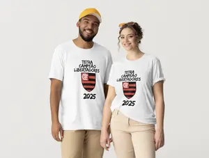 Camiseta Flamengo Libertadores T-Shirt, White Cotton, Tetra Campeão Libertadores 2025 Design, Unisex.
