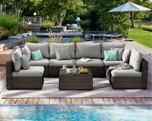 7 Pieces Patio Furniture Set, Rattan Outdoor Sectional Conversation Sets, All Weather Outdoor Furniture Set with Cushions for Patio Garden Lawn Balcony Porch Deck High Quality Steel Frame Glass Table