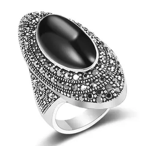Retro Vintage Cocktail Statement Ring Black Marcasite & Crystal Rings for Women Antique Silver Big Black Onyx Stone Ring
