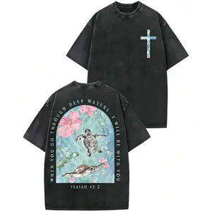 Men's Vintage Washed Pure Cotton T-Shirt - Oversized Streetwear Tee with Sea Turtle & Text Print ("I Will Be with You"), Loose Fit Casual Shirt, Machine Washable Soft Daily Wear