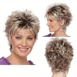 Pixie wig, a fashionable and elegant women's medium-length curly wig with a pear-shaped split and pear-shaped perm, suitable for role-playing, stage play props, daily work, parties, weddings, holidays, and can be used as a gift for friends and relatives.