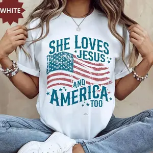Women's Independence Day Patriotic T-shirt, Christian Shirt, 4th Of July Shirt, She Loves Jesus And America Too Shirt, America Retro Shirt, Usa Shirt, USA Flag Tee for Women
