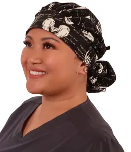 Banded Bouffant Ponytail Scrub Cap - Human Body Skeletons with Black Ties (Glow in the Dark)