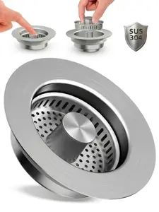 3-in-1 Stainless Steel Kitchen Sink Drain Strainer with Pop-Up Stopper, Anti-Clog Food Catcher & Odor Control, Easy to Clean