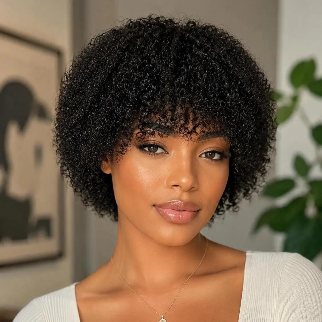 Afro Kinky Curly Wigs for Women Glueless Afro Wig with Bangs No Lace Wear and Go Full and Fluffy Machine Made Wig Black Color