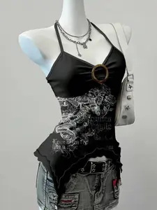 SHANIAH Women Allover Print Mesh Tank Top Backless Neckline Vintage Grunge Punk Red Sun God Y2K Festival Top