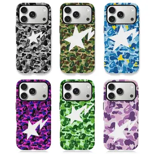 Camo Star Pattern Print Smartphone Protector Cover, 2-Piece Hard Cellphone Case with Impact Dispersion Tech, Flexible Rubber Liner, Glossy UV-Protected Finish for iPhone 17/16/15/14/13/12/11 ProMax/Plus (Button-Enclosed Design)