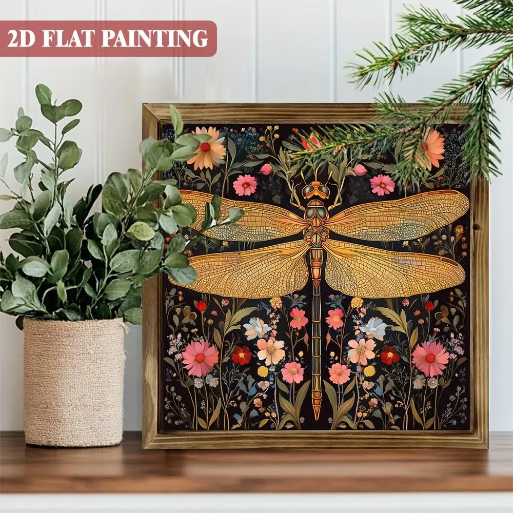 8x8 in Framed Wooden Wall Art Sign - Artistic Vintage-Style 2D Flat Dragonfly & Wildflowers Contemporary Art, Wall Mount Home Decor for Living Room, Study