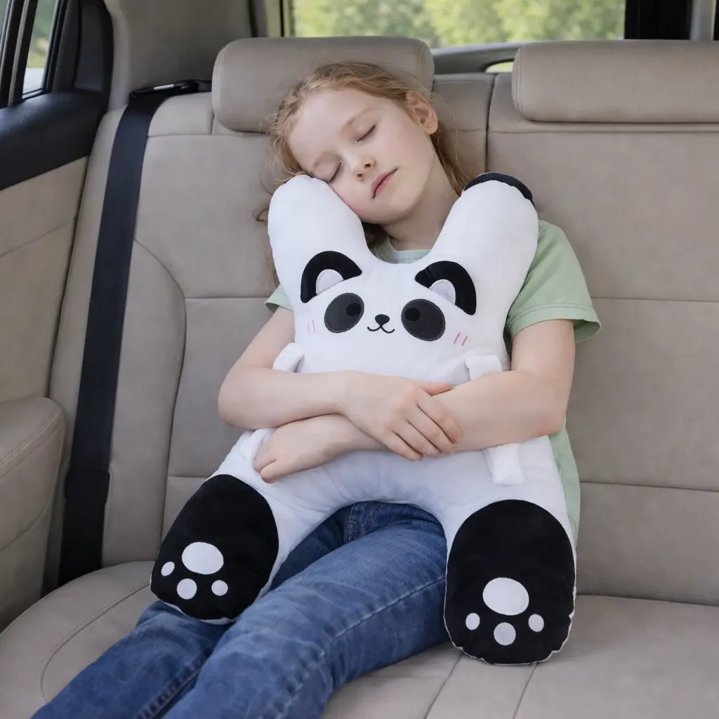 【Panda Stuffed Animal Pillow】Soft Plush Fabric Kids Car Neck Headrest, Seatbelt Safe Sleep Aid to Prevent Leaning Head Back, Car Accessories for Long Distance Travel Comfort, Children Dev.
