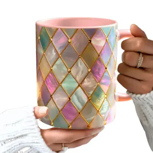 Mother of Pearl Diamond Pattern Mug, Iridescent Luminous Luxury Coffee Cup, Elegant Tea Mug Gift for Women and Home Decor Lovers, Shiny Aesthetic Drinkware for Daily Coffee, Tea and Office Use