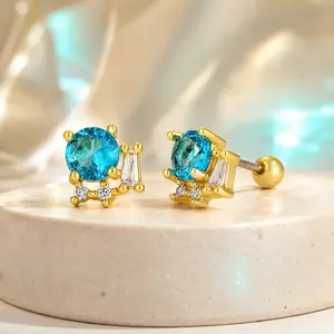 Gold Blue Topaz CZ Cartilage Stud Earring | Round Crystal Cluster Barbell | Helix Tragus Conch Piercing Jewelry | Multi Stone Baguette Accent Stud | Curated Ear Stack | Coquette Soft Girl Aesthetic | Gift For Her