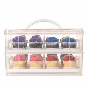2 Tier Cupcake Carrier Transparent Rectangle Cupcake Storage Box with Lid and Handle 24 Grids Cupcake Containers Party