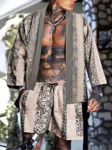 Two-Piece Set Men's All Over Print Short Sleeve Kimono & Shorts, Loose Street Fashion Casual Two-piece, Men Clothes for Summer Beach Vacation