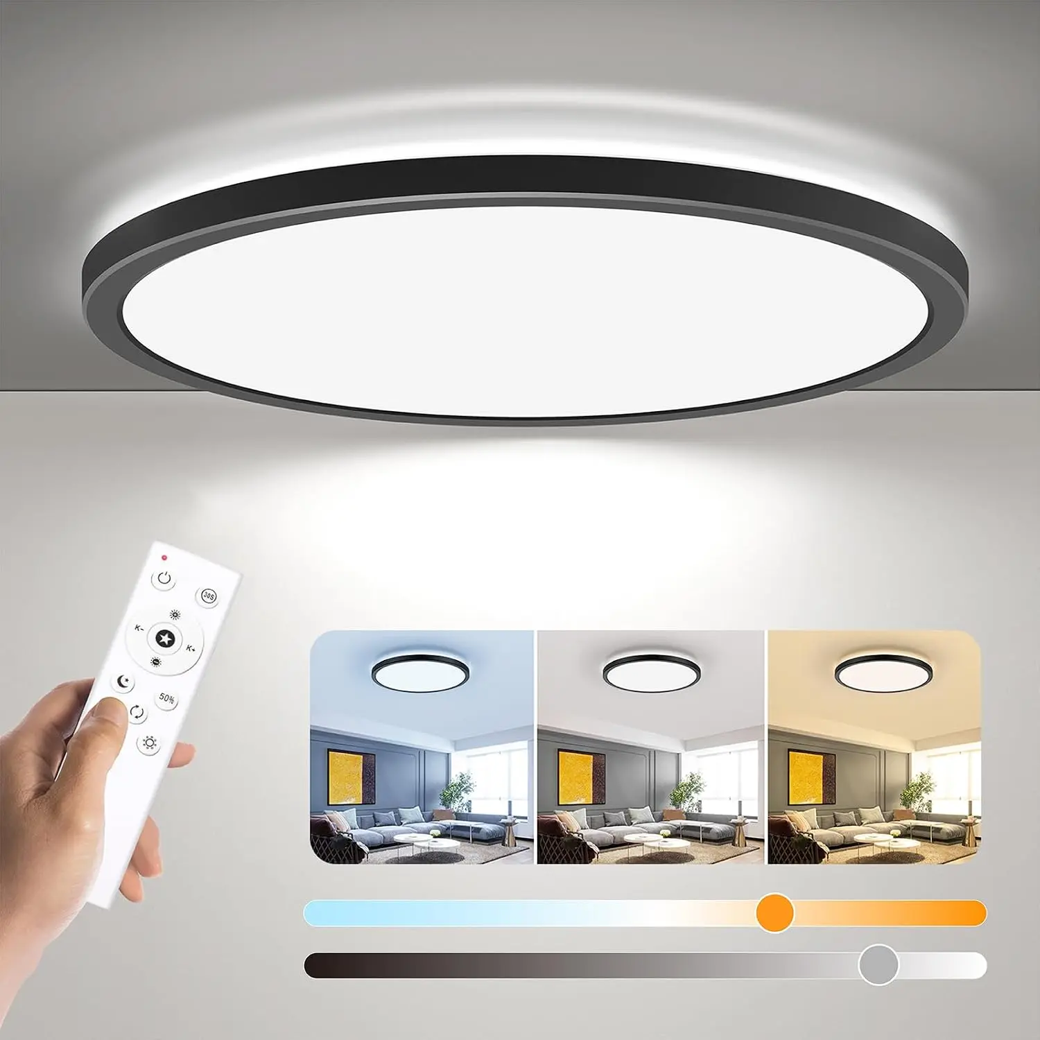 Dimmable LED Flush Mount Ceiling Light Fixture with Remote Control, 12Inch 3000K-6500K Light Color Adjustable, Modern Ultra-Thin Ceiling Lamp for Bedroom Kitchen, Wired
