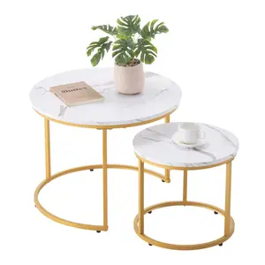 VEVOR Nesting Coffee Table Set of 2, 23.6 in Round Coffee Table, Nesting Tables for Small Place, Vintage End Side Tables Night Stand with Metal Frame, for Living Room, Bedroom, Office (White & Gold)