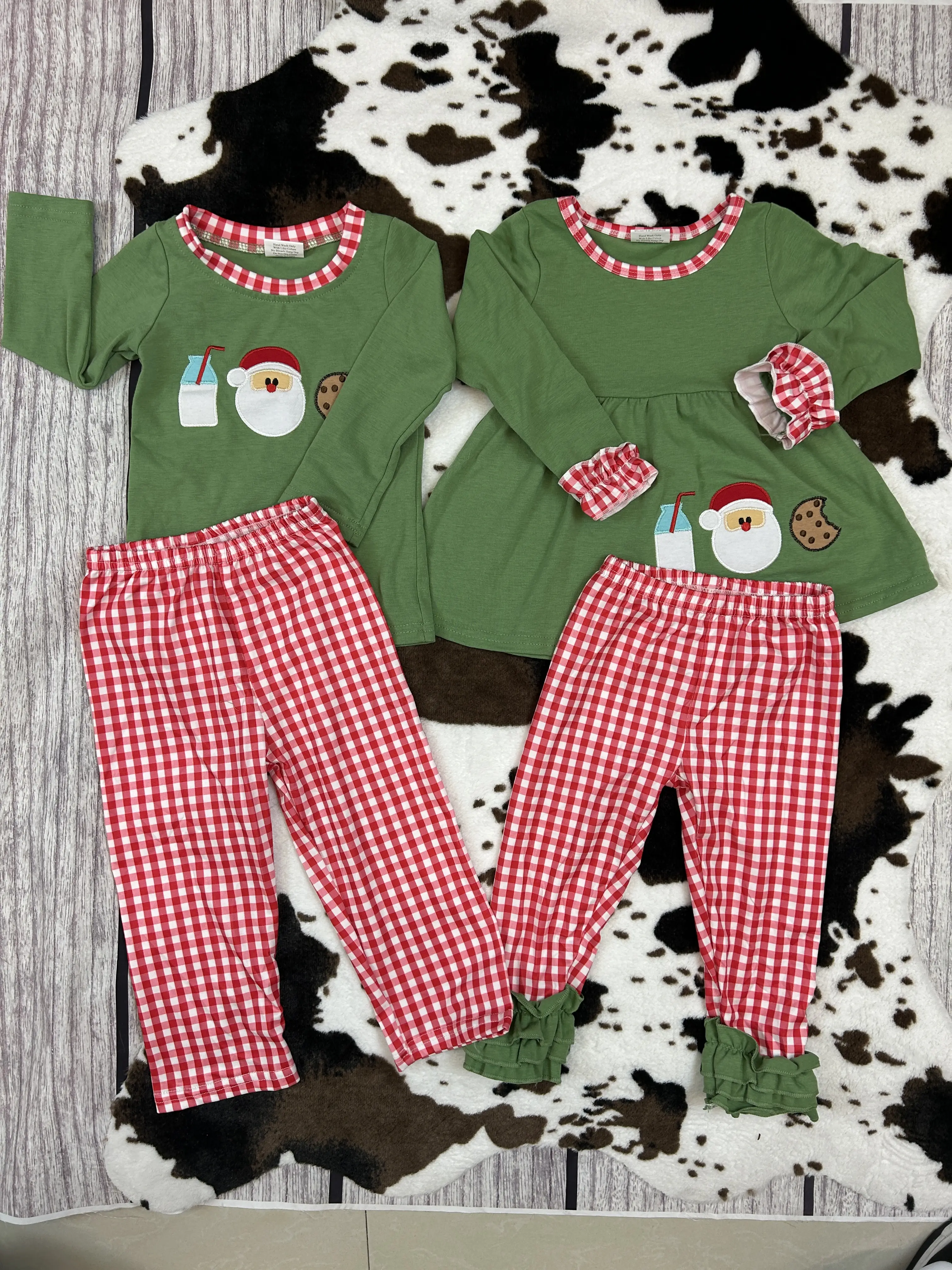 BLP0147--Boys embroidered Chrismas Santa Claus cookies Milk green long sleeve pants suit