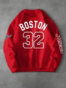 Men's Boston College Graphic Knit Sweatshirt, Loose-Fit Long Sleeve Round Neck Pullover, Comfortable Casual Retro Style Fall & Winter Top