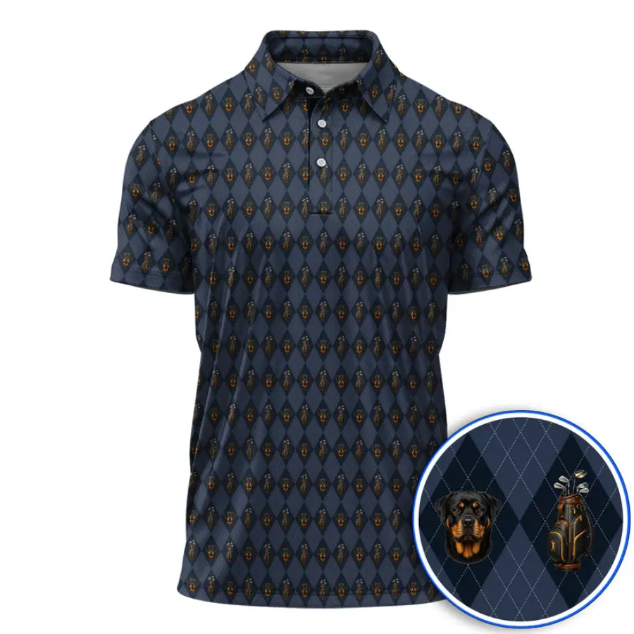 Rottweiler Men’s Golf Polo Shirt, Argyle Dog Pattern Short Sleeve Polo, Funny Dog Lover Golf Gift