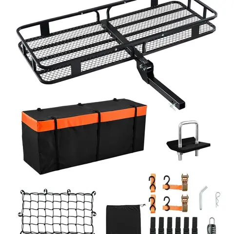 【toolupgrade】VEVOR Metal Hitch Cargo Carrier, 60x24x6in, 500lbs Capacity, Fold-90° Storage, Cargo Net with Hooks, Waterproof Bag, Ratchet Straps, Fit for SUVs, Truck Accessories, Vehicle Accessory, Car Supplies, Cargo Rack