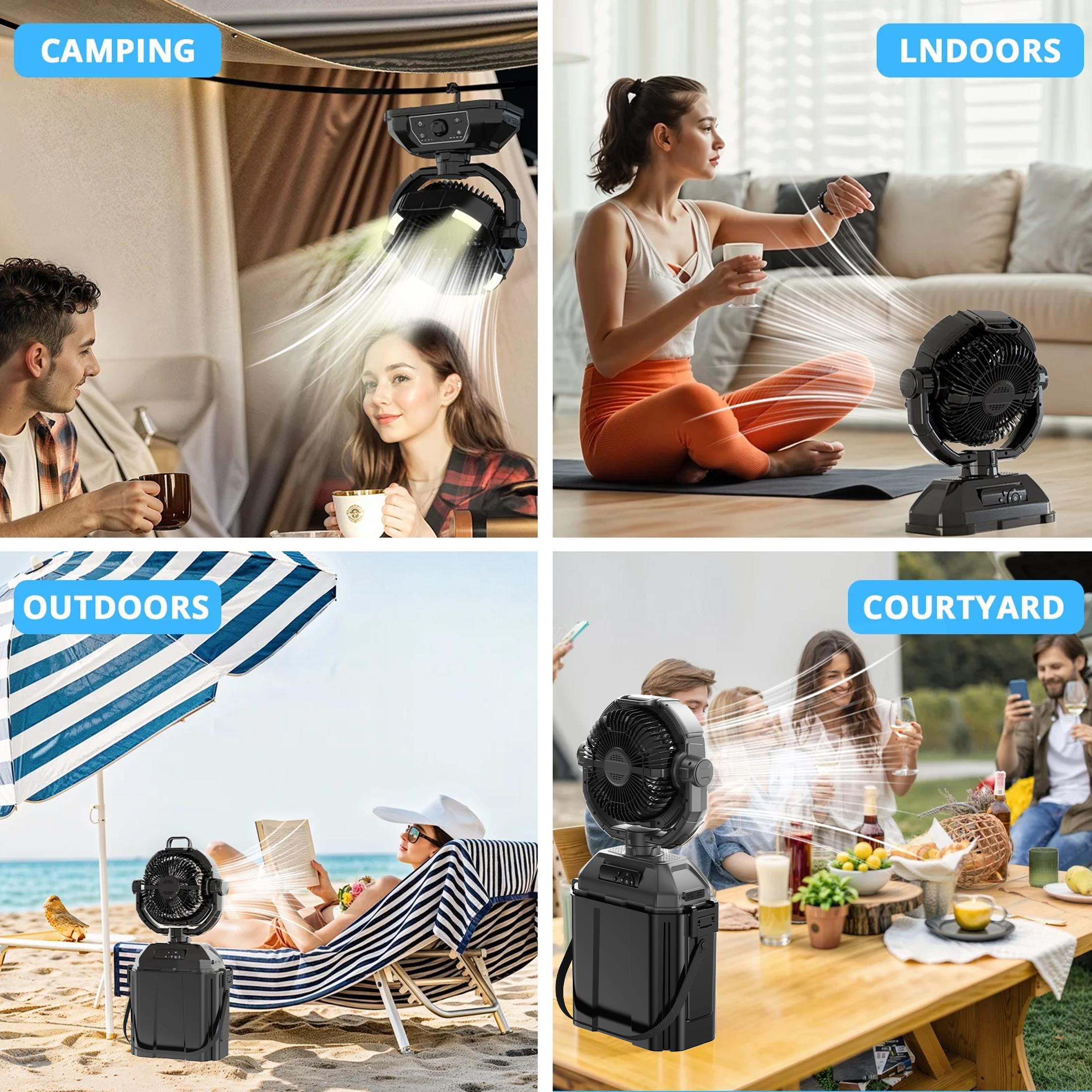 YoungSa Portable Camping Misting Fan with 6L Bucket 32000mAh Rechargeable Multifunction Fan,Infinitely variable speed,4 Spray Mister with LED Lantern,Remote & Hook for Patios,Fishing,Travel,Garden Party,Golf,Outside