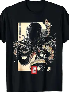 Dark Octopus Japanese Art Print T-Shirt Same Style for Men and Women 2026 Summer Short-sleeved Printed T-shirt Pure 180G