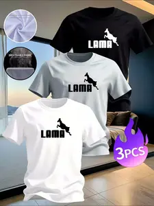 3-Pack Men's "LAMA" Animal Graphic T-Shirts - Casual Breathable Quick-Dry Tees for Daily & Streetwear