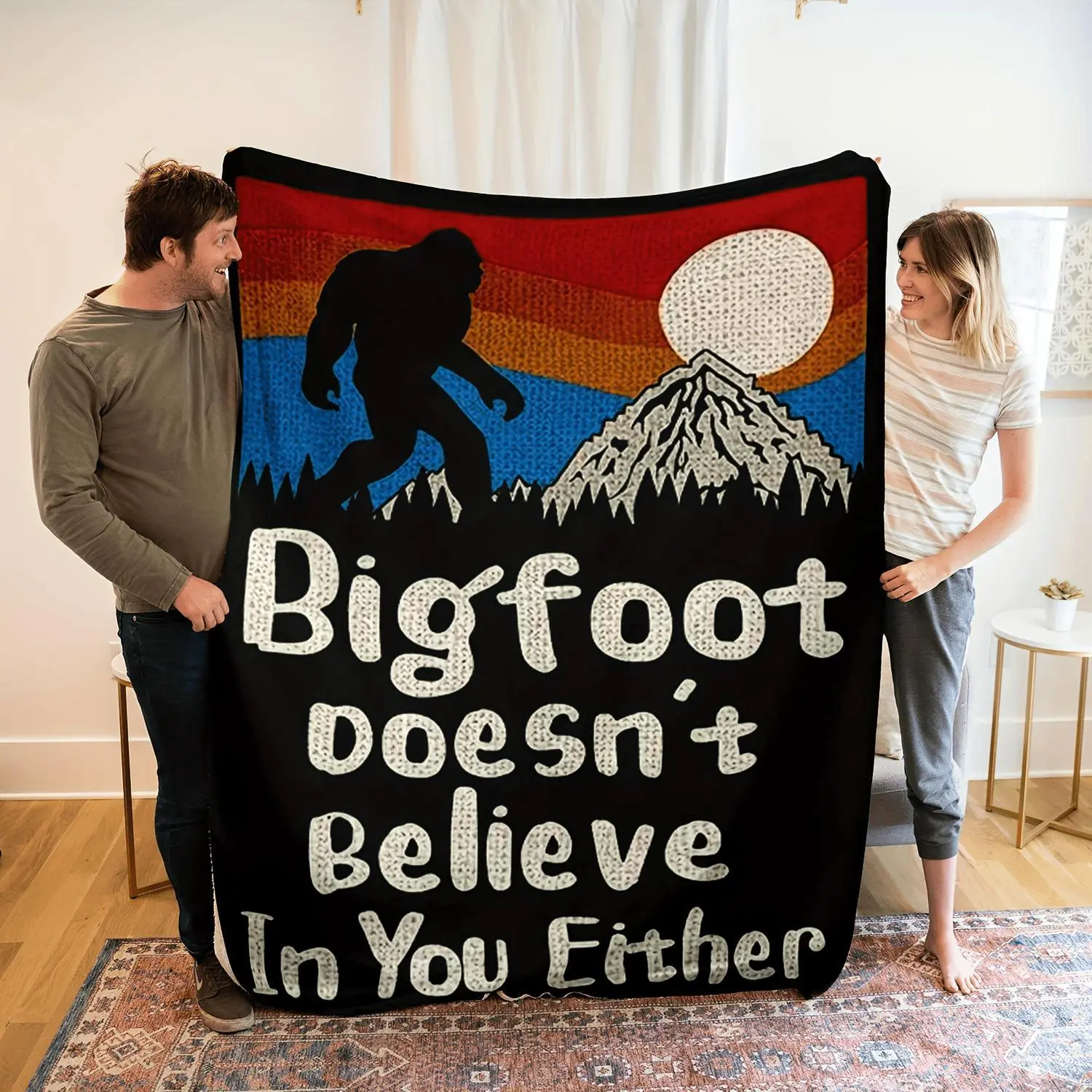 1pc Bigfoot Graphic Flannel Blanket - "Bigfoot Doesn't Believe In You Either" Design, Soft & Warm, Hypoallergenic,, All-Season Use for Home, Office, or Outdoor Adventures, Outdoor Warmth Blanket | Vintage Graphic Blanket | Soft Flannel Blanket
