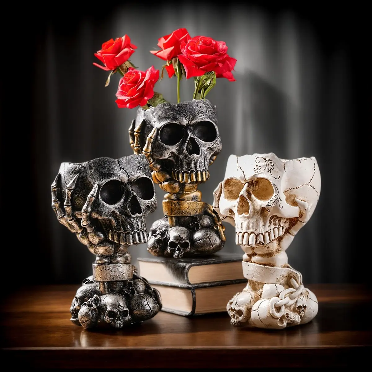 Halloween Decor Hand-Painted Skull Head Resin Planter Pot, Decorative Garden Planter, Modern Creative Design for Garden Yard Decoration, Perfect for Halloween Festival Atmosphere, Outdoor Planters, Garden Pots