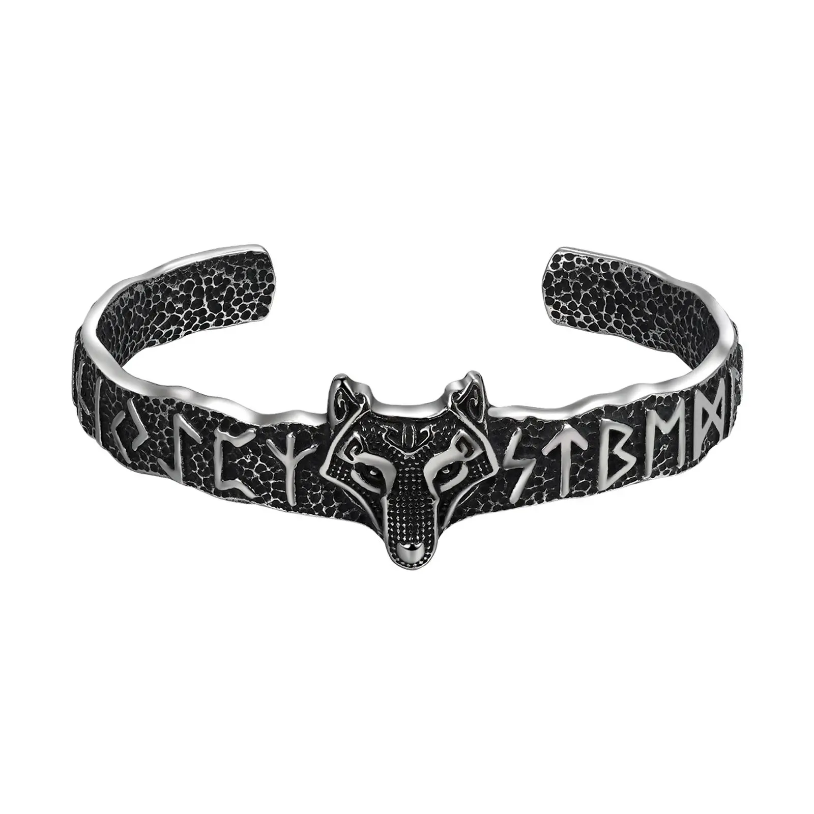 OIDEA Viking Wolf Head Cuff Bracelet for Men, Norse Rune Engraved Open Bangle, Silver Tone Alloy Bold Statement Wristband, Bold Cuff, One-Piece