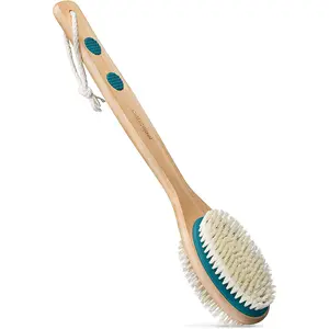 MainBasics Teal Wood Back Scrubber for Shower - 16.5-inch Dual-Sided Brush with Exfoliating & Soft Nylon Bristles for Body Wash & Scrubbing - Ergonomic Handle & Hanging Loop - Beech Wood Construction