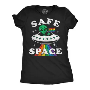 Womens Funny T Shirts Safe Space Sarcastic Alien UFO Graphic Novelty Tee for Ladies Funny Womens T Shirts Cute Vintage Fashion Casual Ladies T-Shirt Gift Sarcastic Tops for Women Funny Space Top Women's Novelty Black -