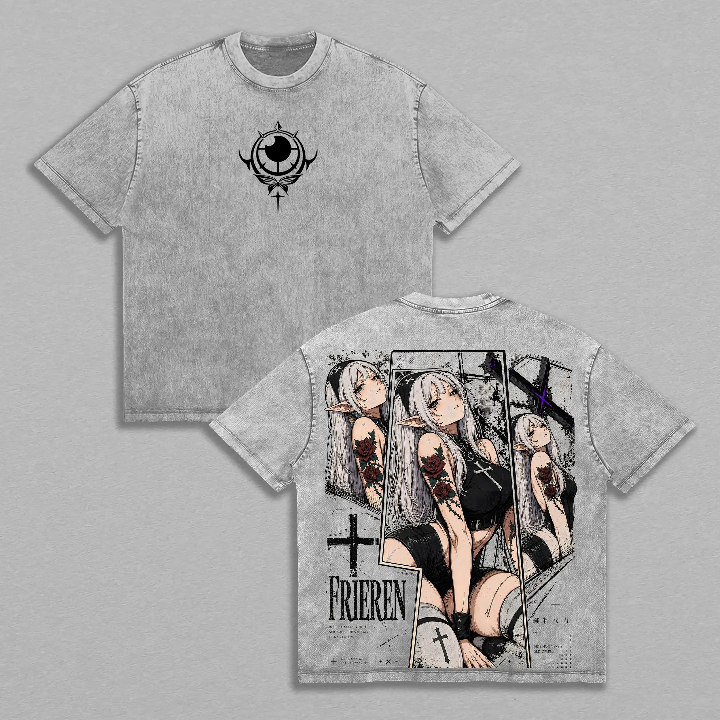 Frieren Gothic Vintage Washed T-Shirt, Beyond Journey's End Anime Graphic Tee, Dark Fantasy Elf Gym Pump Cover Oversized Back Print Heavy Cotton Streetwear Shirt Y2K Streetwear Graphic Tee funny t-shirt gift