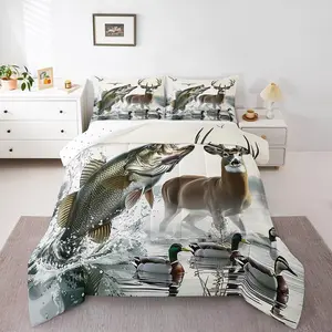 Boys Deer Pike Fish Duvet Insert,Bass Big Fish Comforter Set Fishing and Hunting Bedding Set Bedroom Decor Bed Set